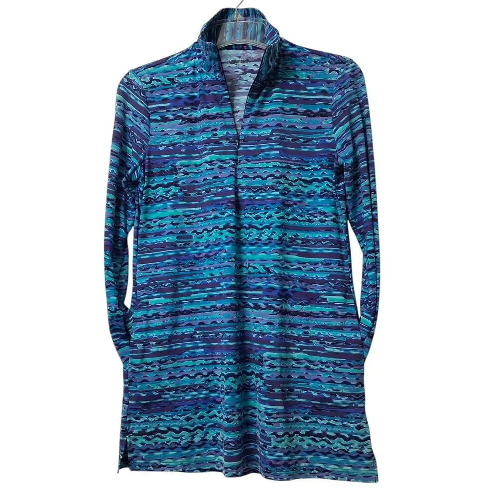 Lands End Rash Guard Cover-Up Womens XS UPF 50+ Pockets Long Sleeve Mini Dress